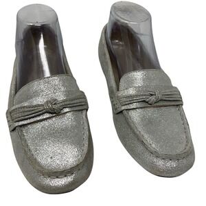 LANDS END Womens 8D (Wide)  Metallic Silver Comfort Suede Leather Slip on Loafer